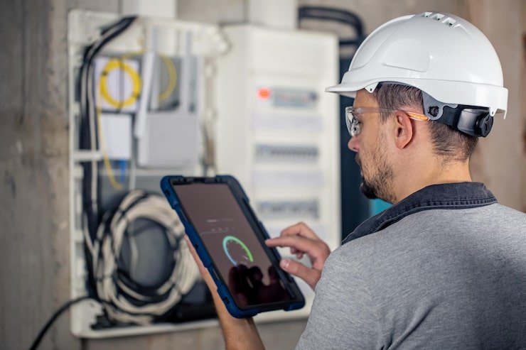 man-electrical-technician-working-switchboard-with-fuses-uses-tablet_169016-23788