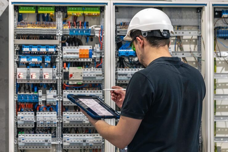 man-electrical-working-switchboard-with-fuses-uses-tablet_169016-51765